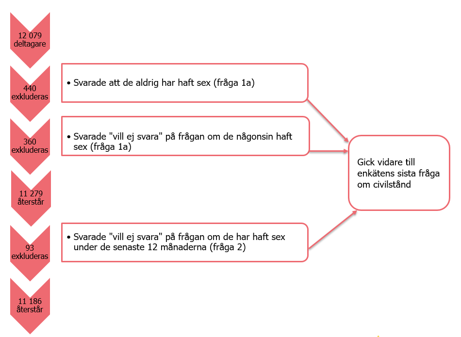 Figur 1. Bild som visar på vilket sätt deltagare exkluderades från vissa frågor. De som aldrig haft sex svarade endast på 1, 1b, 27 och 28. De som angav "vill ej svara" på om de haft sex eller sex det senaste året slussades till 27 och sen 28