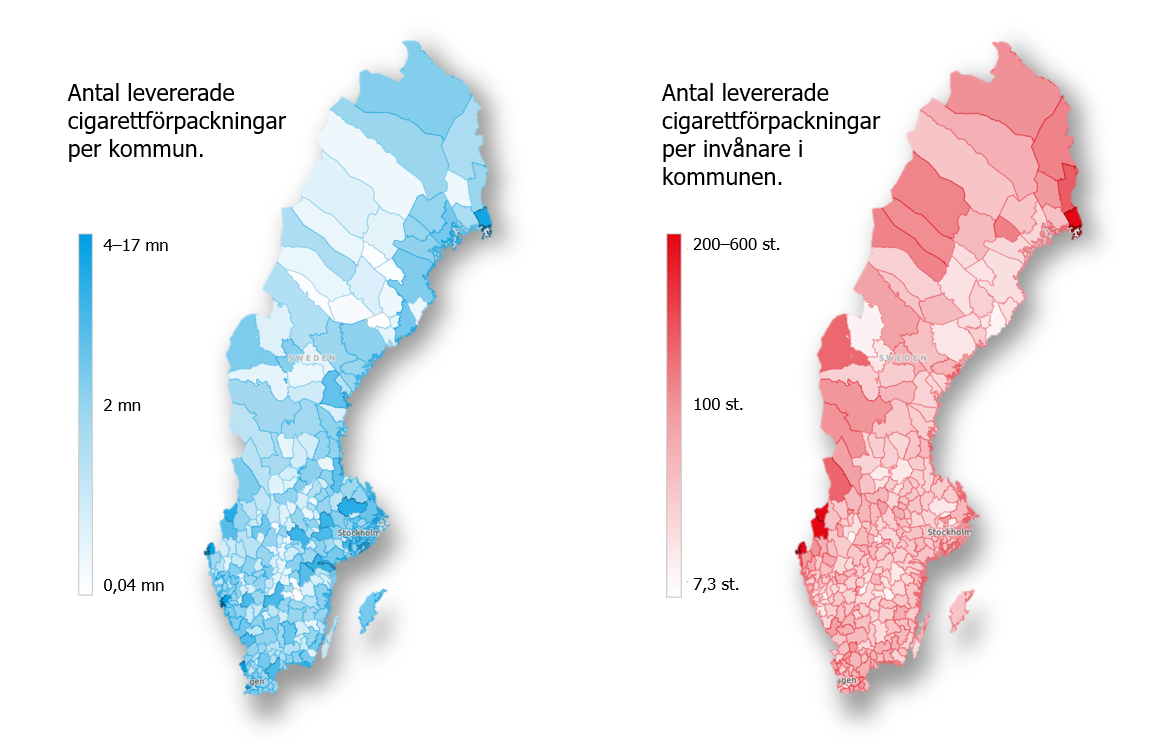 Kartor som beskriver distributionen av cigaretter till försäljningsställe, information finns i texten ovanför bilden.