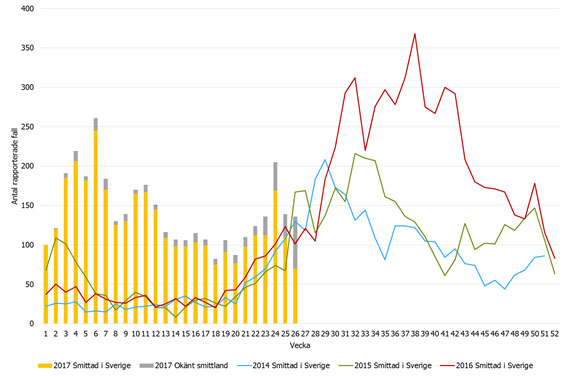 Bild som visar  Antal rapporterade fall med campylobacterinfektion smittade i Sverige 2014-2017 (vecka 26)