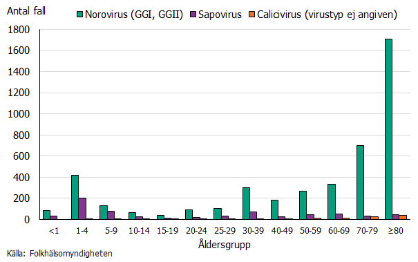 Flest antal fall rapporterades i åldersgruppen 80 år och äldre och utgjordes framför allt av norovirus. Källa: Folkhälsomyndigheten. 