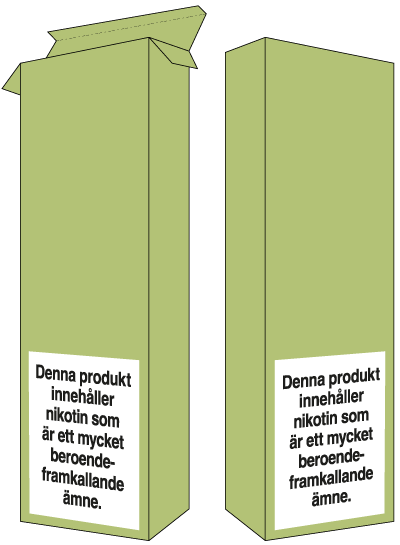Hälsovarningar återfinns på den nedre delen av förpackningens fram- och baksida samt är parallell med sidokanterna