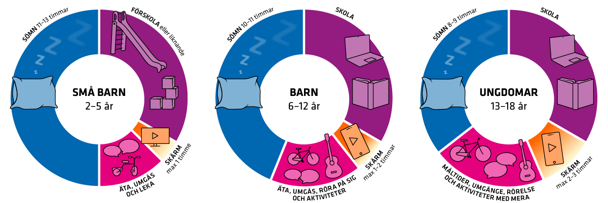 Illustration i form av hjul på balansen mellan sömn, skola och andra aktiviteter för olika åldrar.