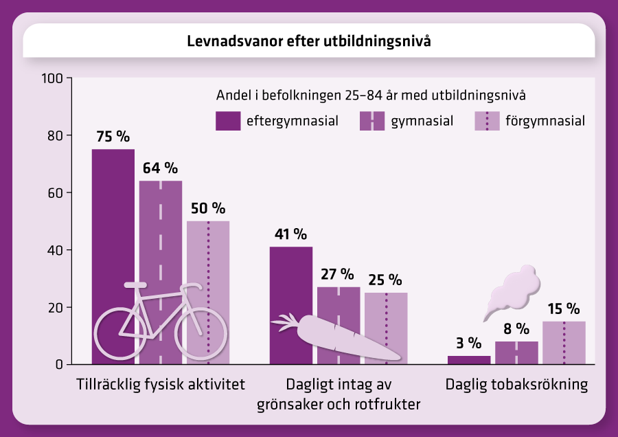 Gruppen förgymnasial uppgav lägre andel tillräcklig fysisk aktivitet, intag av grönsaker, högre andel daglig rökning, 2022.