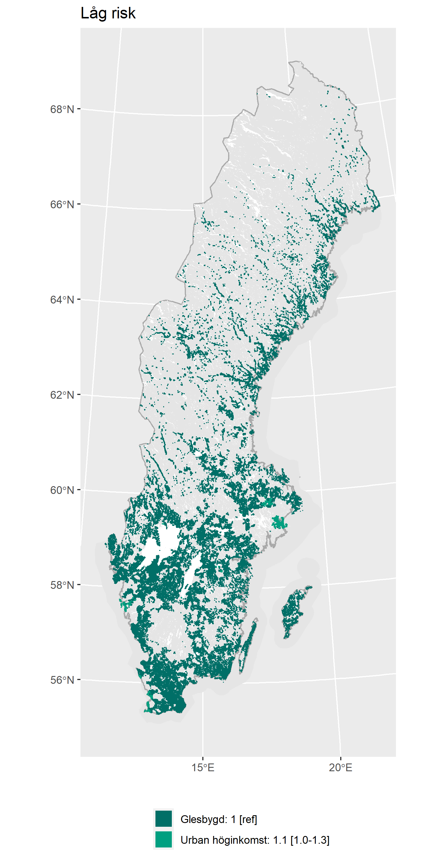 Sverigekarta som visar fördelningen av områdestyper med låg risk för IVA-vård med covid-19.