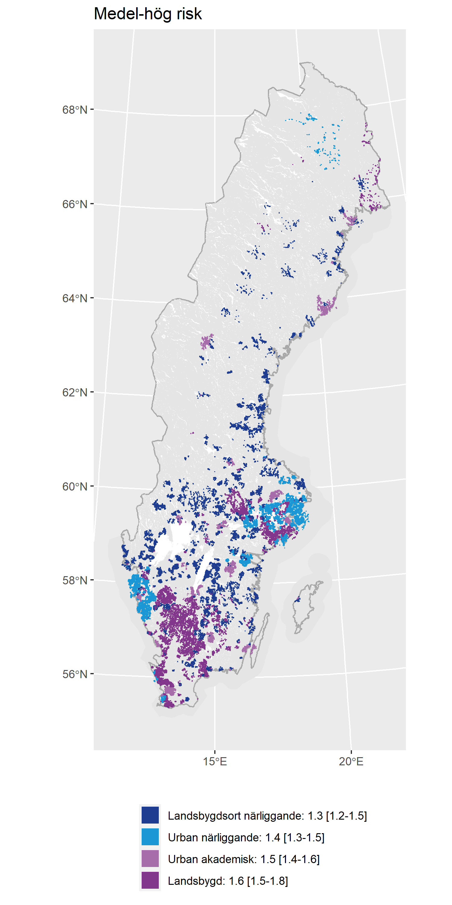 Sverigekarta som visar fördelningen av områdestyper med medelhög risk för IVA-vård med covid-19.