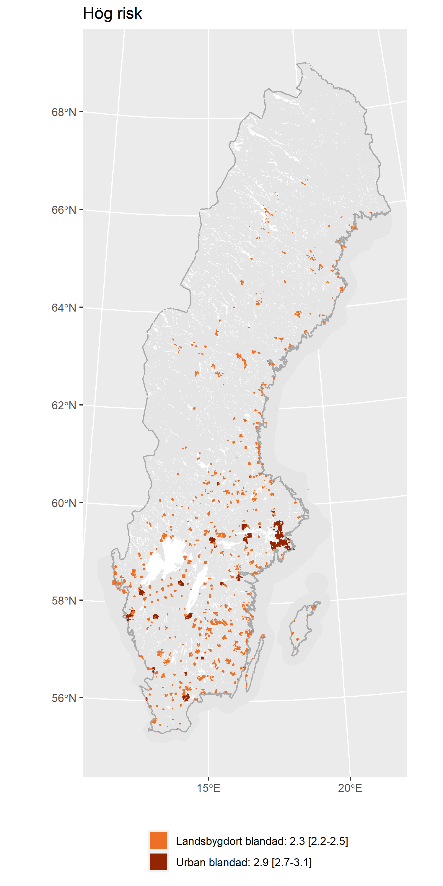 Sverigekarta som visar fördelningen av områdestyper med hög risk för IVA-vård med covid-19.