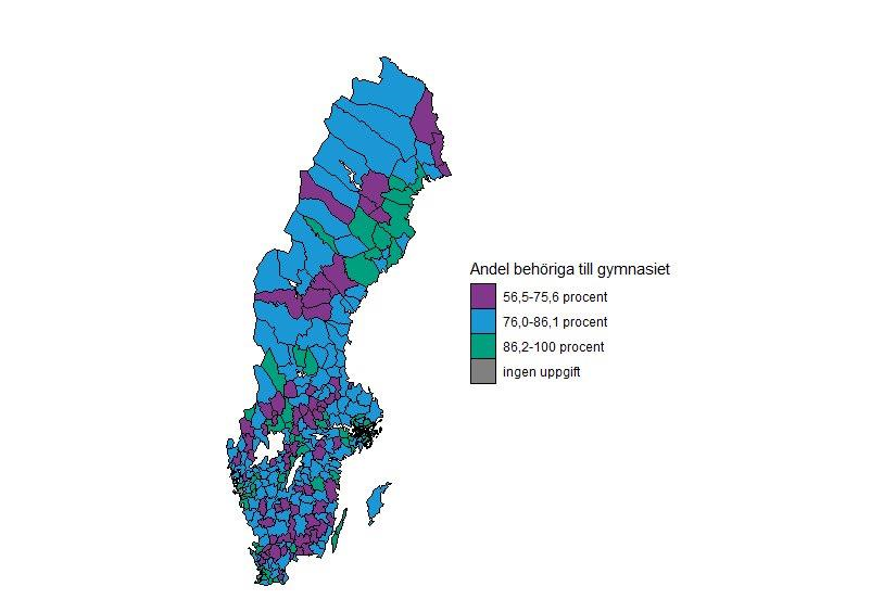 Geografisk fördelning av andelen behöriga till gymnasiet, avgångselever årskurs 9 vårterminen 2017.
Kommuner som har mer utsatta sociodemografiska förhållanden har en större andel elever som inte är behöriga till gymnasiet, vilket är en riskfaktor för framtida ANDT-relaterad ohälsa. 