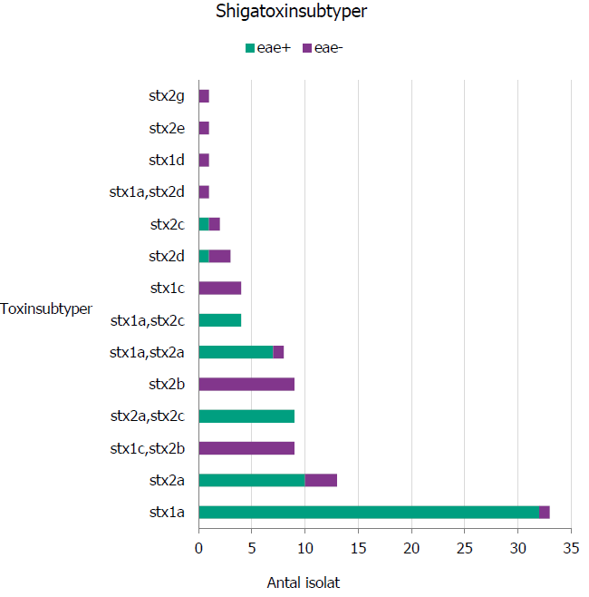 Stapeldiagram som visar Fördelning av shigatoxinsubtyper och eae för inkomna isolat under perioden 1 juli till 30 september 2020 (n= 98).