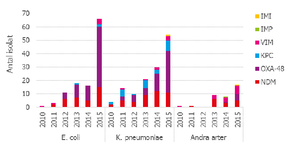 Fördelning av arter med olika ESBL-enzym med ESBLCARBA  hos Enterobacteriaceae i Sverige, 2010-2015. I prov från 30 fall (2013-2015) var två eller fler ESBLCARBA producerande arter rapporterade vilket resulterade i ett högre antal isolat.