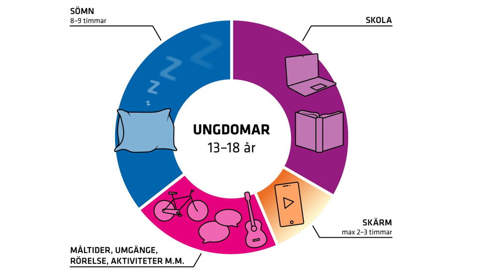 Sömn 8-9 timmar. Skola och andra aktiviteter övrig tid. Skärm max 2-3 timmar.