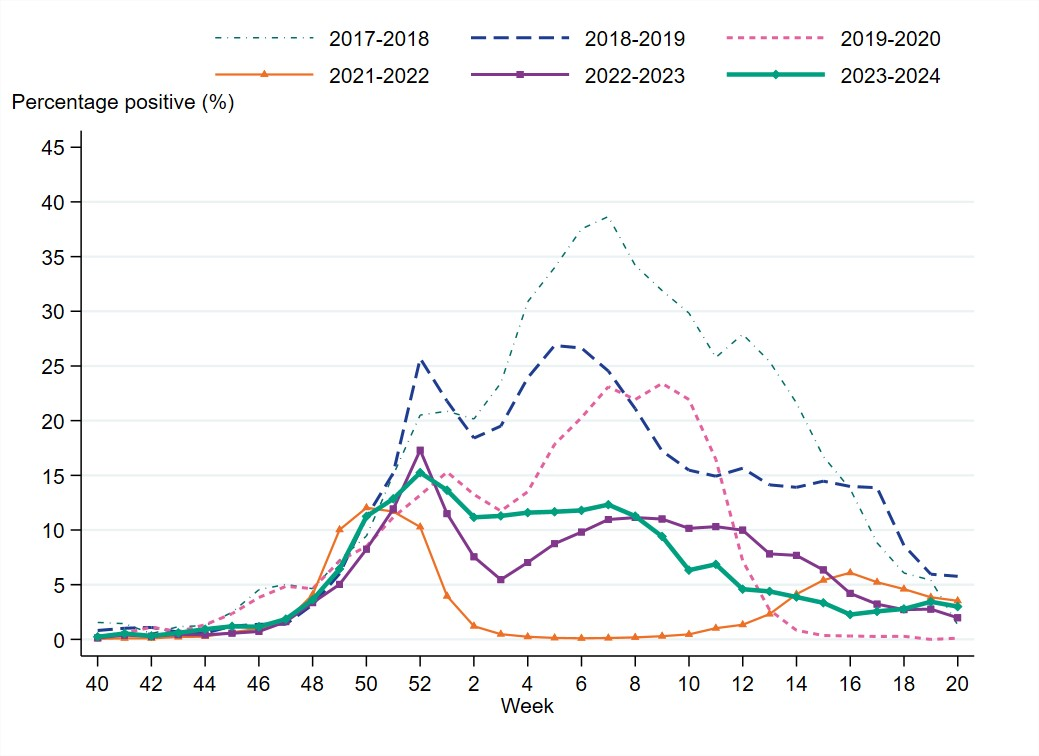The highest percentage of positive samples was in week 52 at 15 percent. 