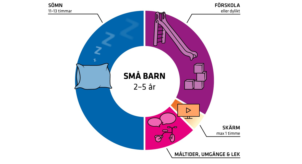 Sömn 11-13 timmar, förskola och andra aktiviteter övrig tid.