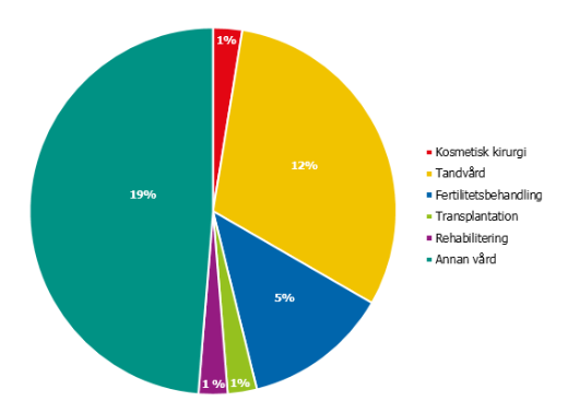Den vanligaste vården var tandvård och annan vård. Fem procent uppgav fertilitetsbehandling. 