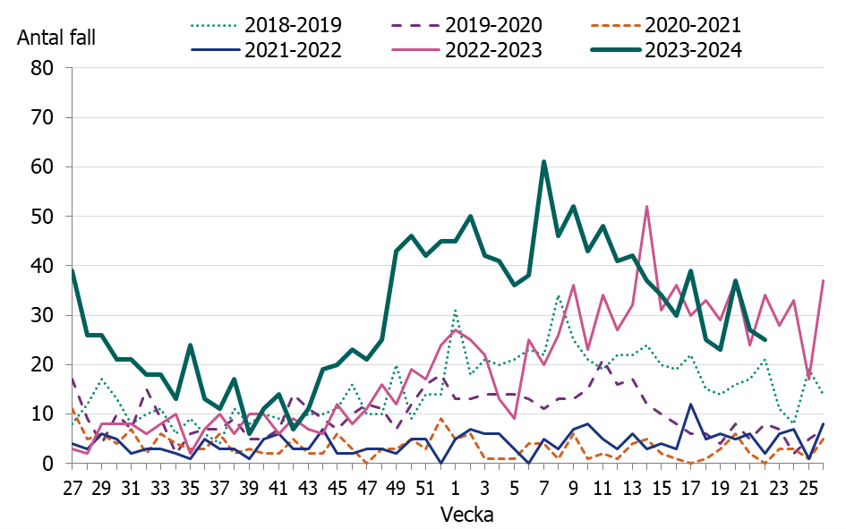 Linjediagrammet visar en tidig och kraftig ökning av iGAS fall i november. Antalet fall har sedan vecka 7 minskat och ligger nu likt tidigare säsong. 