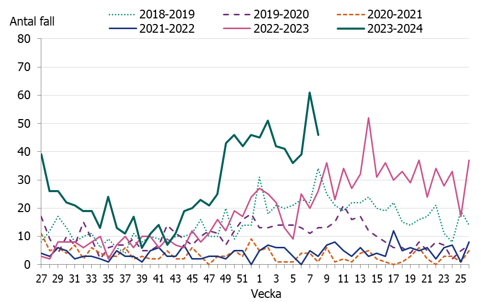 Linjediagrammet visar en tidig och kraftig ökning av iGAS fall i november och sedan december månad har fallen legat på en konstant hög nivå.